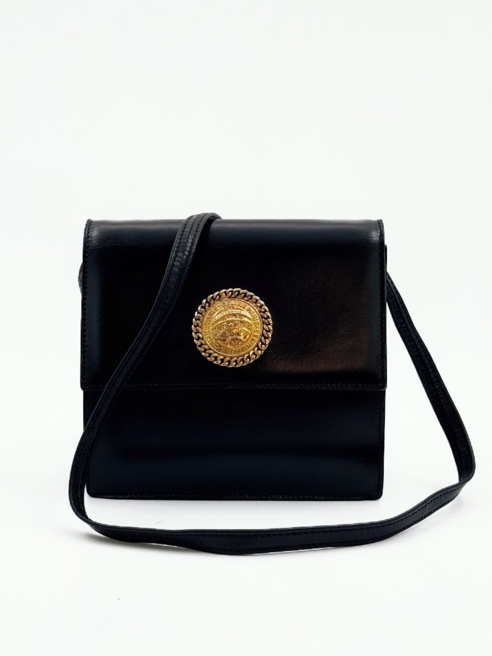 Vintage Celine Black Leather Crossbody Shoulder Bag Gold Medallion Logo